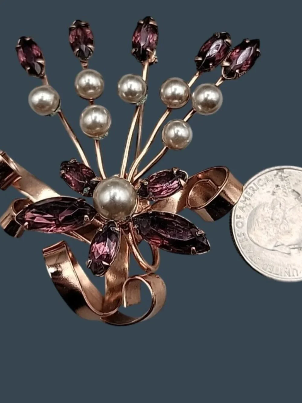 Vintage Large Amethyst Rhinestone Faux Pearl Rose Gold Plated Spray Brooch